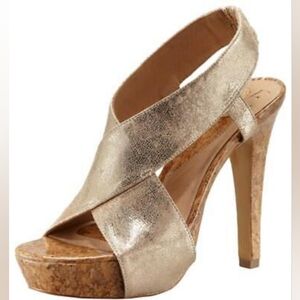 DIANE VON FIRSTENBURG metallic gold/cork slingback sandals, platform, size 9